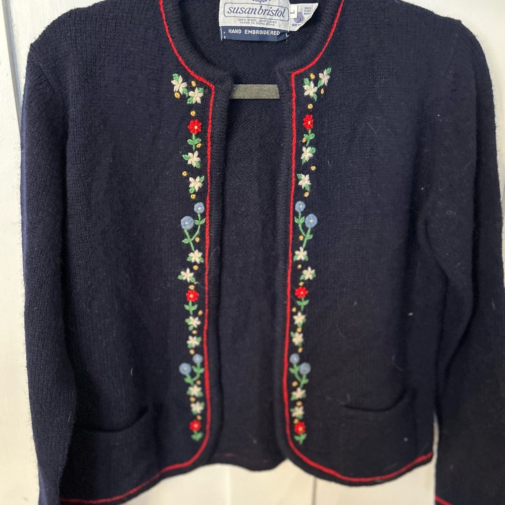 Vintage Susan Bristol hand embroidered wool cardigan sweater size large